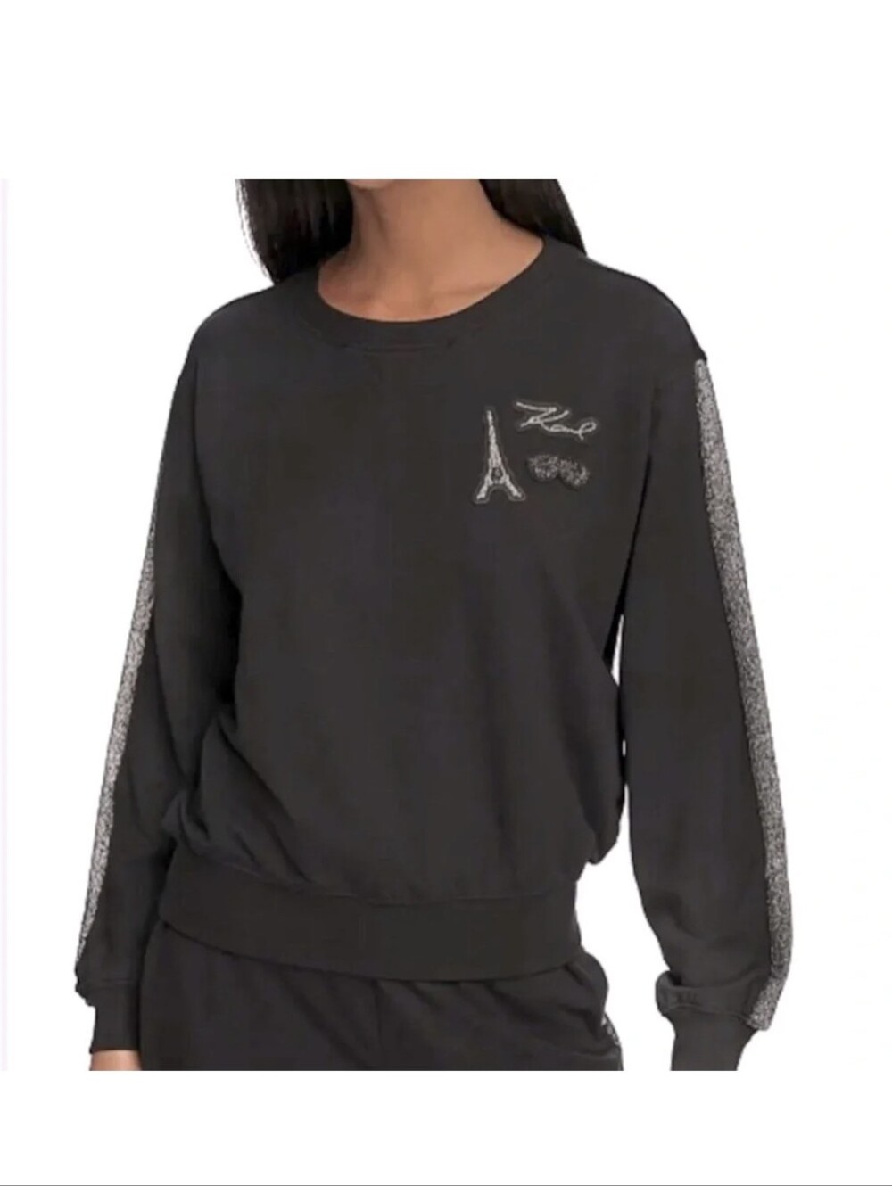 Karl Lagerfield Black Women's Crewneck Sweater with Metallic Trim Sz S